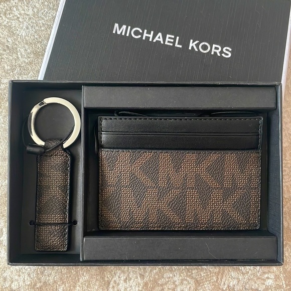 Brand New Michael Kors Jet Set Men’s Card Case & Keychain Gift Set Brown Black - Picture 1 of 13